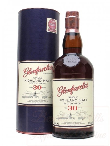 Glenfarclas Single Highland Malt Scotch Whisky Aged 30 Years (older presentation, labeling)